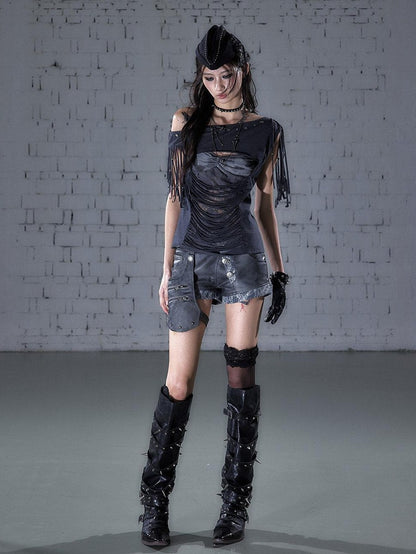 NO ROMANCE Punk Y2k Lace Fringe Beaded Asymmetric One Shoulder Women&
