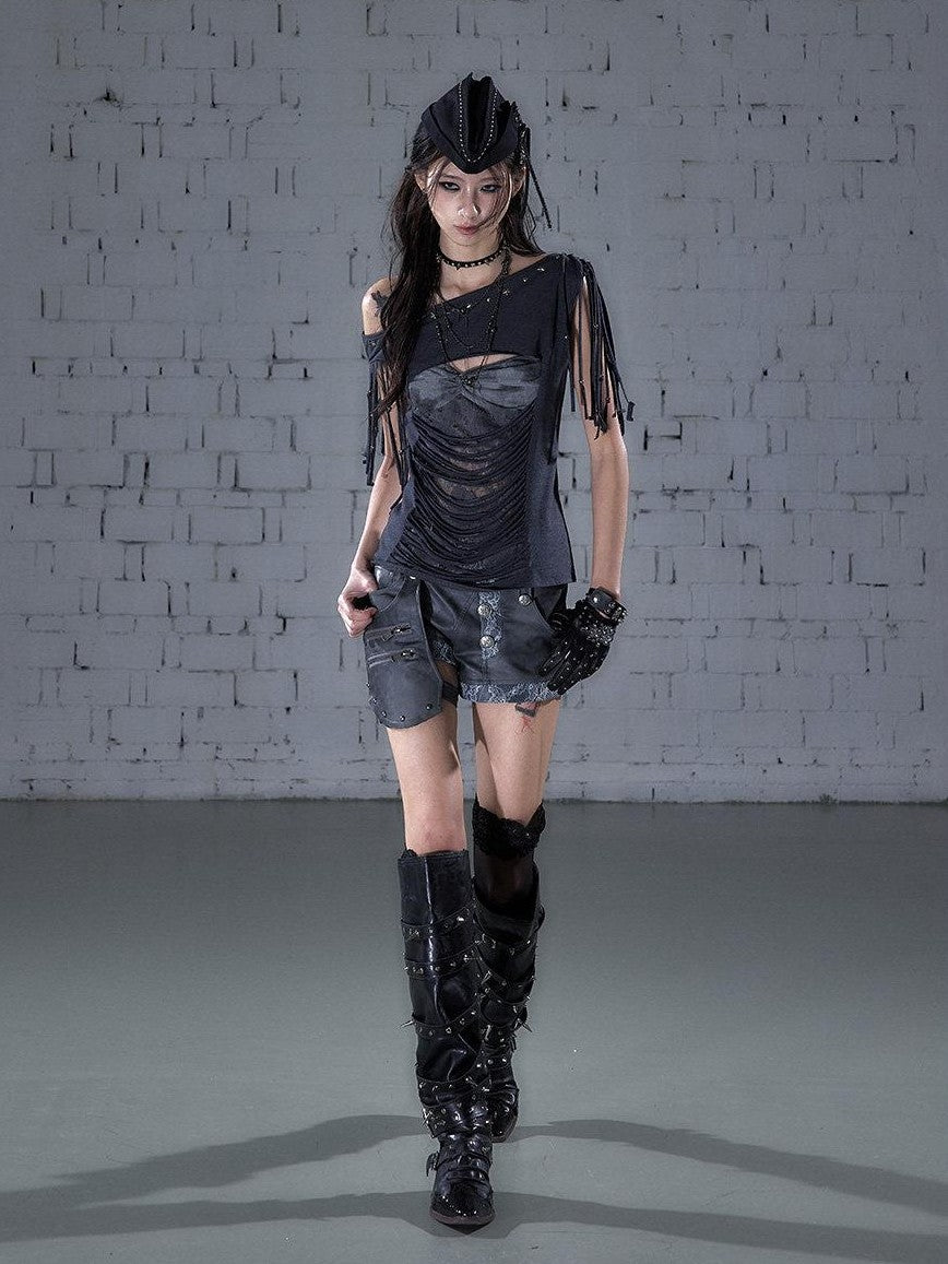 NO ROMANCE Punk Y2k Lace Fringe Beaded Asymmetric One Shoulder Women&