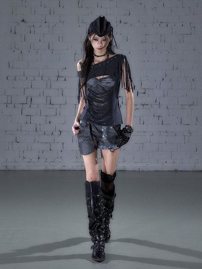 NO ROMANCE Punk Y2k Lace Fringe Beaded Asymmetric One Shoulder Women&