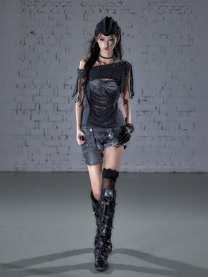 NO ROMANCE Punk Y2k Lace Fringe Beaded Asymmetric One Shoulder Women&
