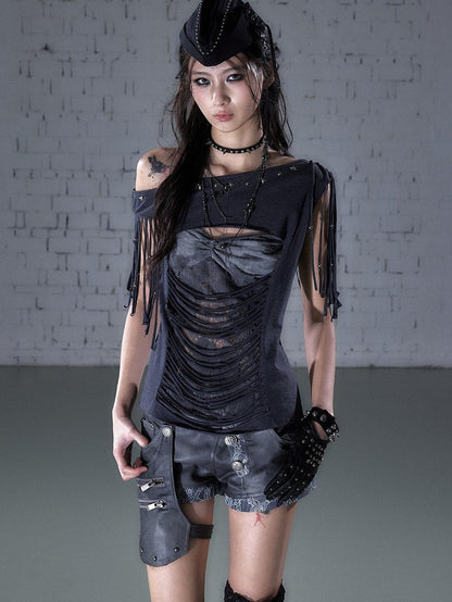 NO ROMANCE Punk Y2k Lace Fringe Beaded Asymmetric One Shoulder Women&