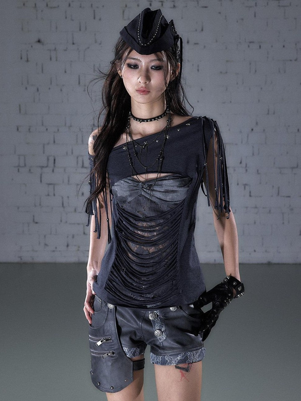 NO ROMANCE Punk Y2k Lace Fringe Beaded Asymmetric One Shoulder Women&