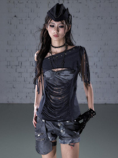 NO ROMANCE Punk Y2k Lace Fringe Beaded Asymmetric One Shoulder Women&