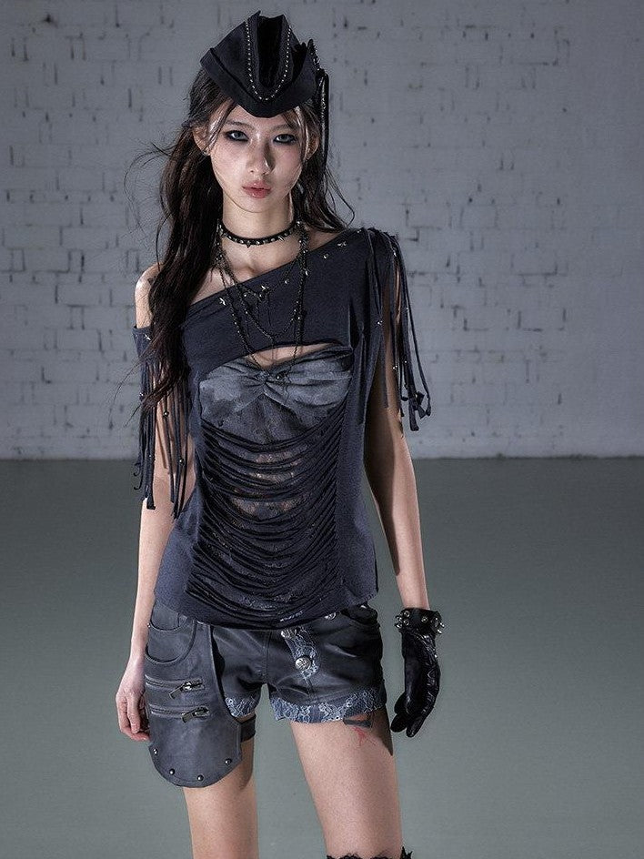 NO ROMANCE Punk Y2k Lace Fringe Beaded Asymmetric One Shoulder Women&