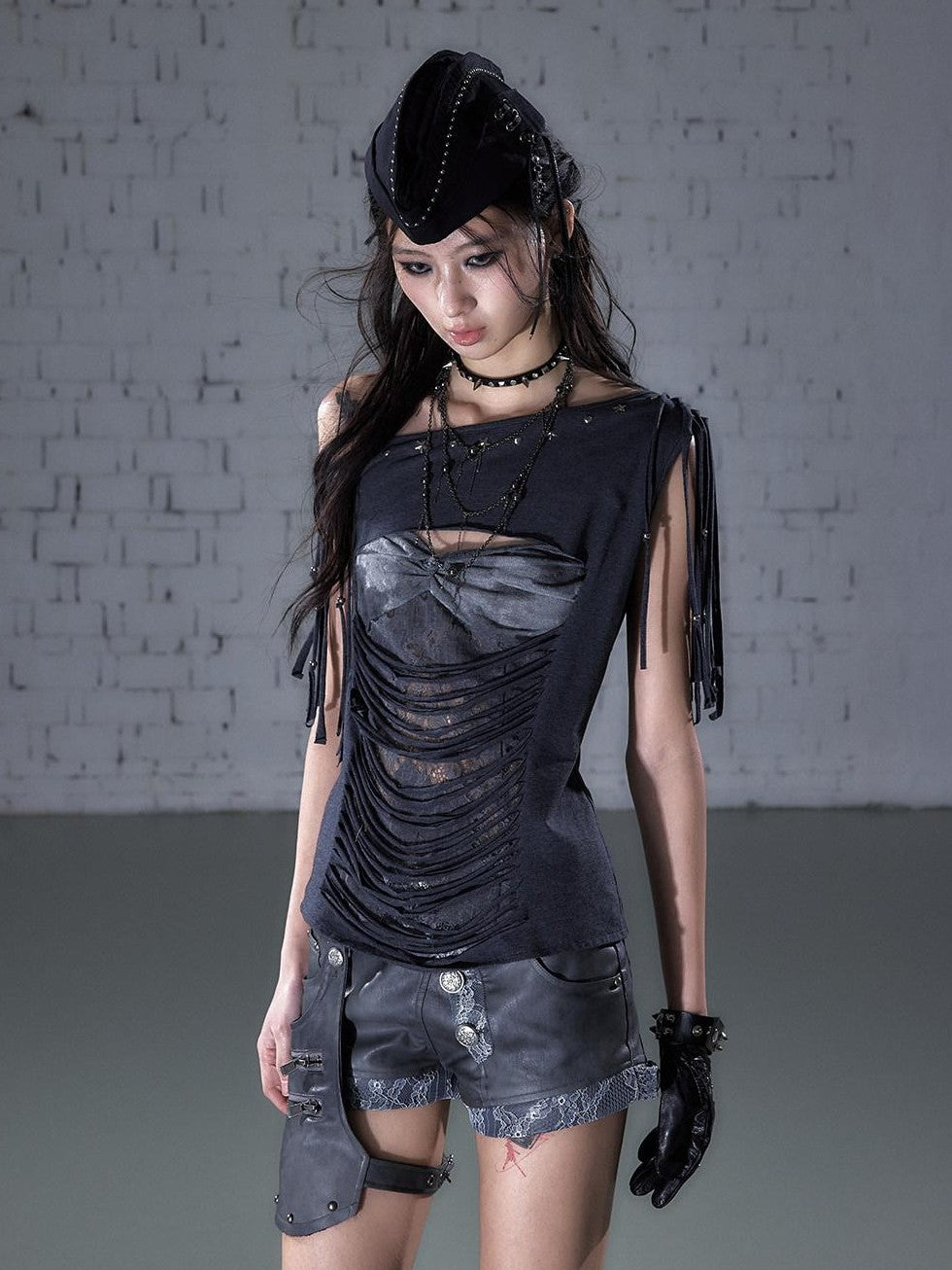 NO ROMANCE Punk Y2k Lace Fringe Beaded Asymmetric One Shoulder Women&