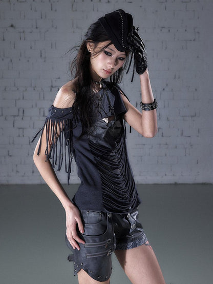 NO ROMANCE Punk Y2k Lace Fringe Beaded Asymmetric One Shoulder Women&