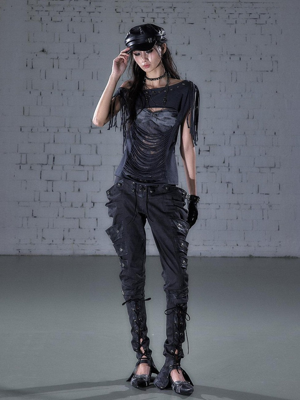 NO ROMANCE Punk Y2k Lace Fringe Beaded Asymmetric One Shoulder Women&
