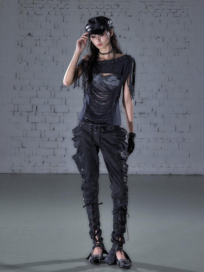 NO ROMANCE Punk Y2k Lace Fringe Beaded Asymmetric One Shoulder Women&