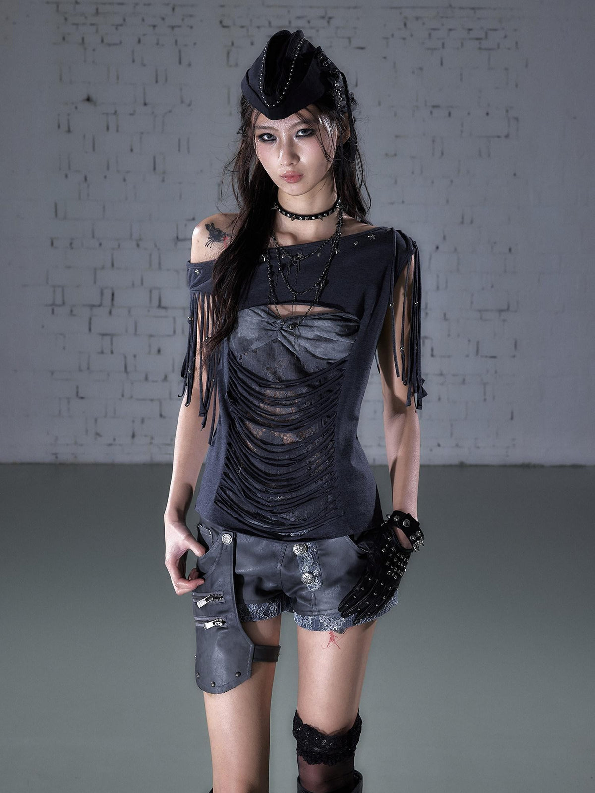 NO ROMANCE Punk Y2k Lace Fringe Beaded Asymmetric One Shoulder Women&
