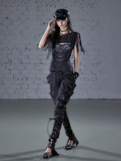 NO ROMANCE Punk Y2k Lace Fringe Beaded Asymmetric One Shoulder Women&
