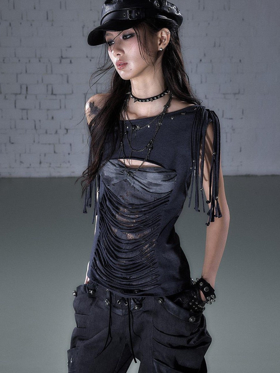 NO ROMANCE Punk Y2k Lace Fringe Beaded Asymmetric One Shoulder Women&