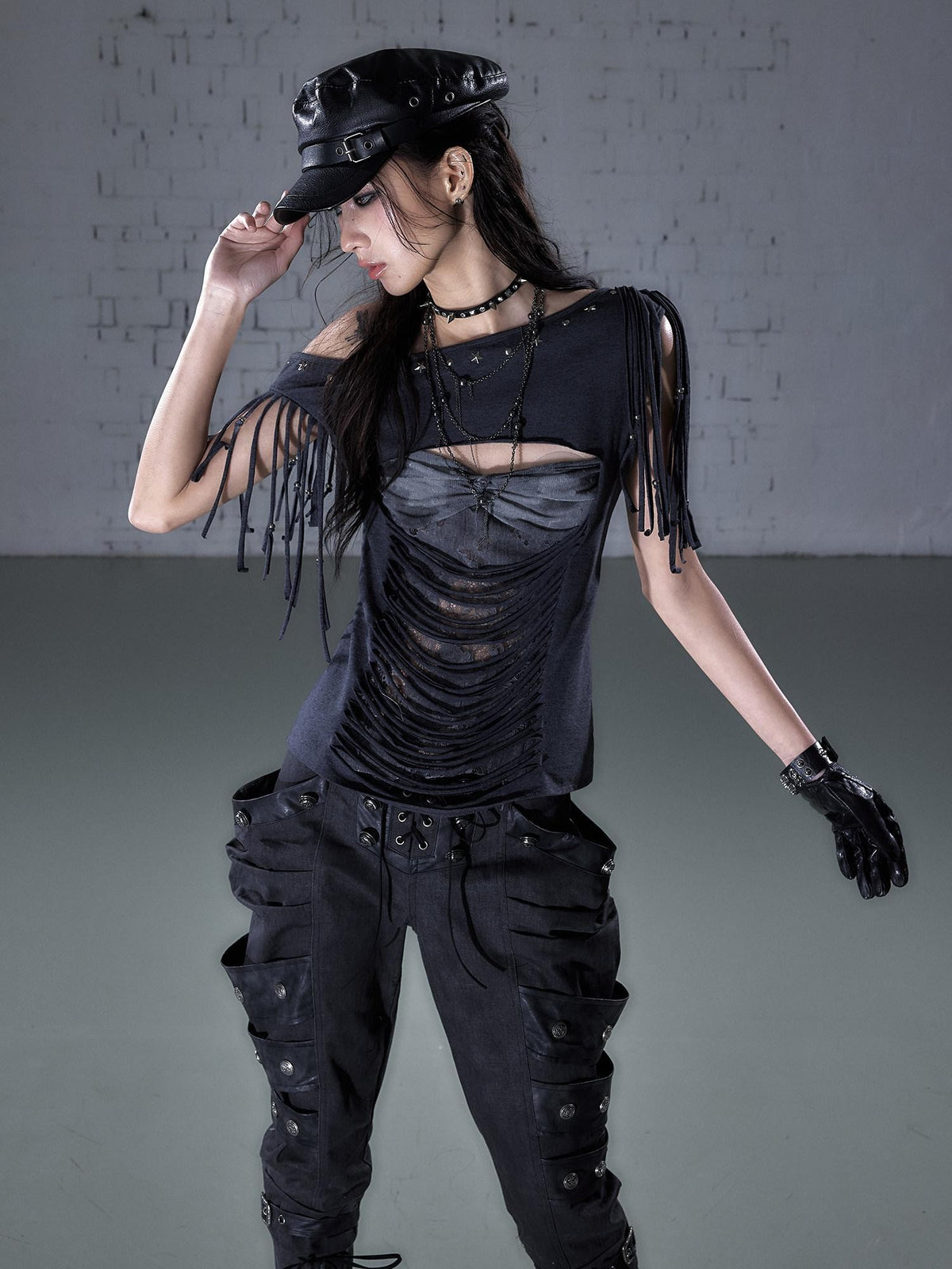 NO ROMANCE Punk Y2k Lace Fringe Beaded Asymmetric One Shoulder Women&