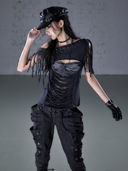 NO ROMANCE Punk Y2k Lace Fringe Beaded Asymmetric One Shoulder Women&