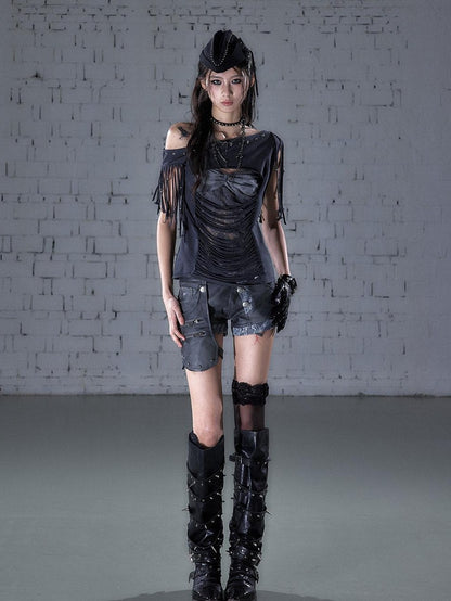NO ROMANCE Punk Y2k Lace Fringe Beaded Asymmetric One Shoulder Women&