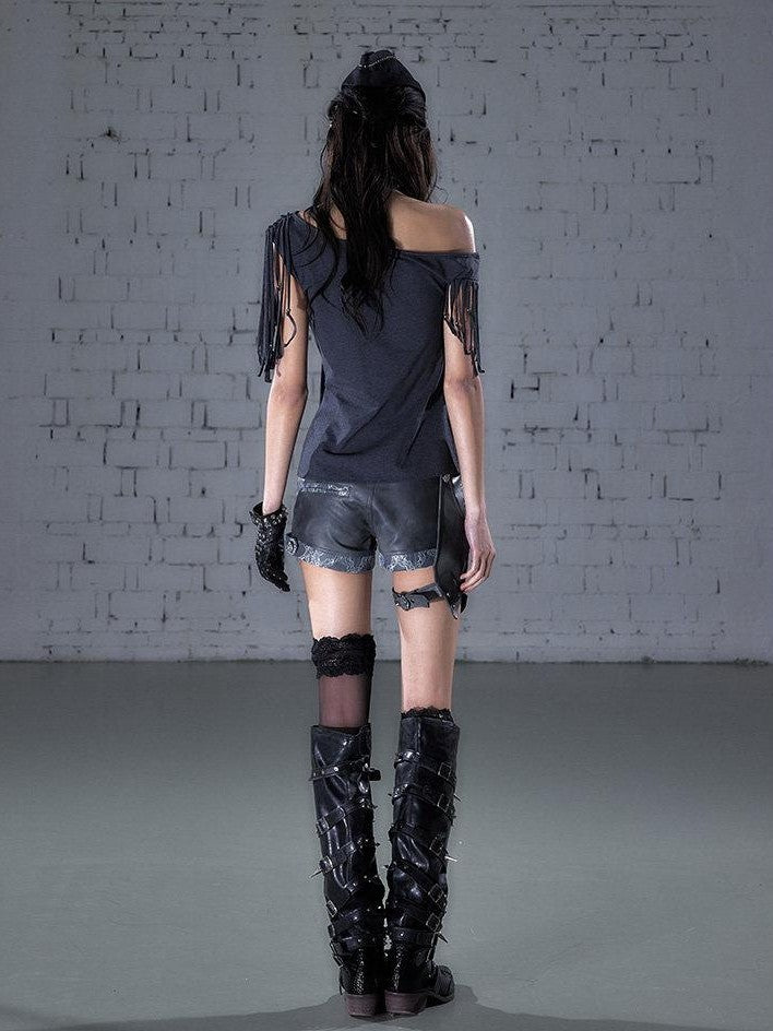 NO ROMANCE Punk Y2k Lace Fringe Beaded Asymmetric One Shoulder Women&