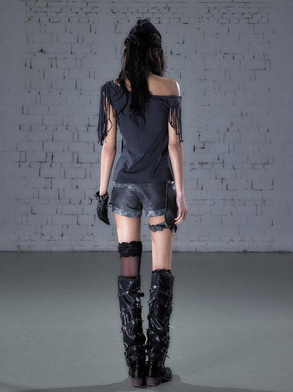 NO ROMANCE Punk Y2k Lace Fringe Beaded Asymmetric One Shoulder Women&