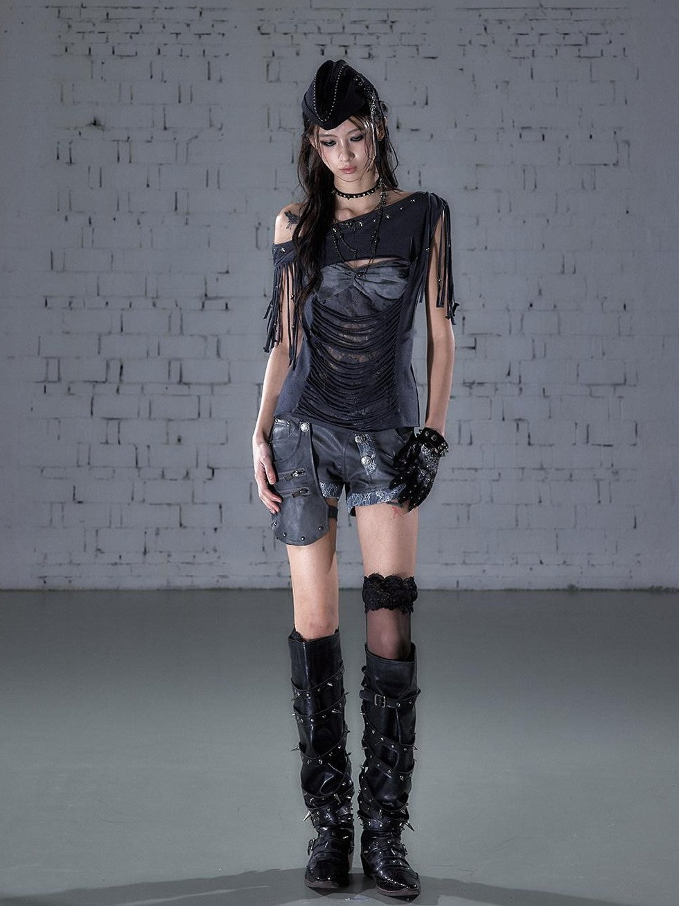 NO ROMANCE Punk Y2k Lace Fringe Beaded Asymmetric One Shoulder Women&