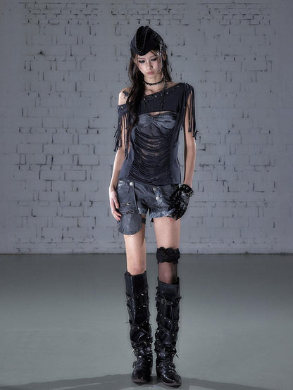 NO ROMANCE Punk Y2k Lace Fringe Beaded Asymmetric One Shoulder Women&