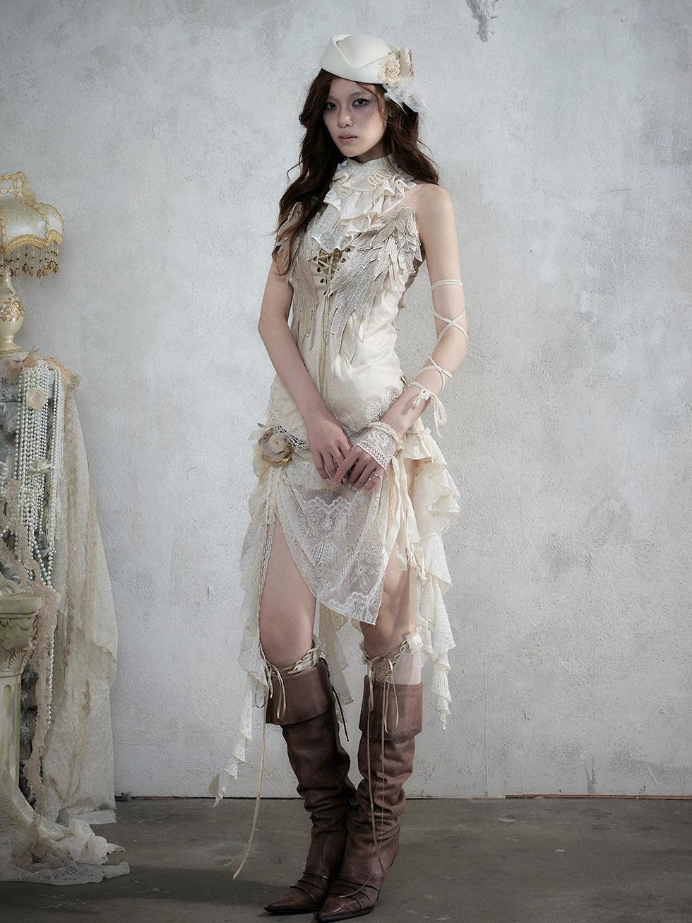 NO ROMANCE Regal Knight 3d Wing Embroidery Lace Up Women&