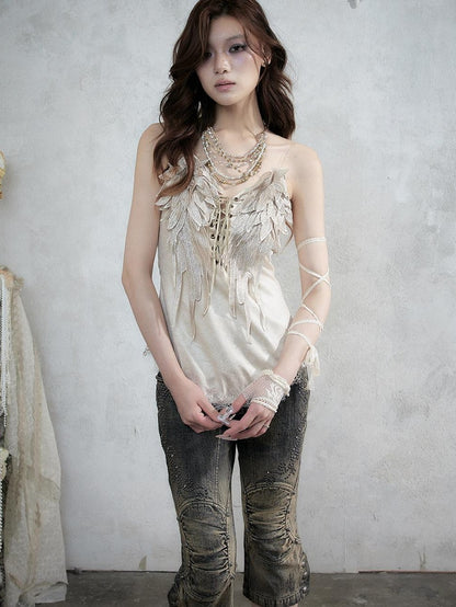 NO ROMANCE Regal Knight 3d Wing Embroidery Lace Up Women&