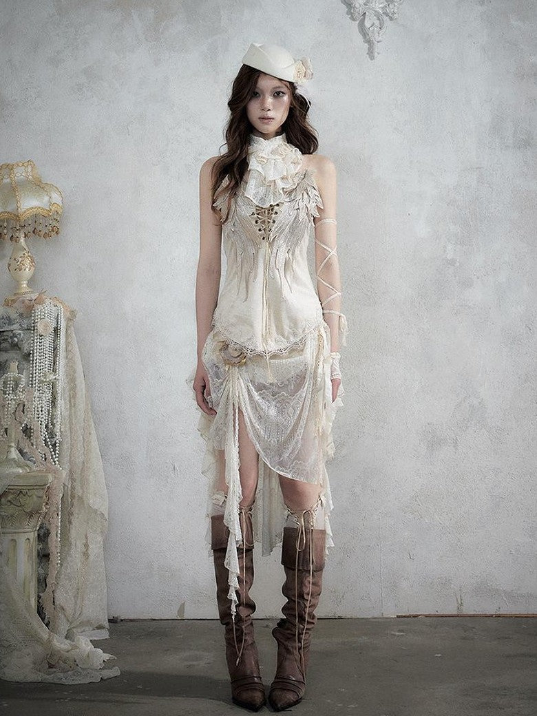 NO ROMANCE Regal Knight 3d Wing Embroidery Lace Up Women&