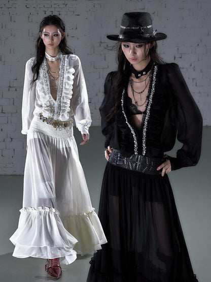 NO ROMANCE Regal Pleated V-neck A Line Women&