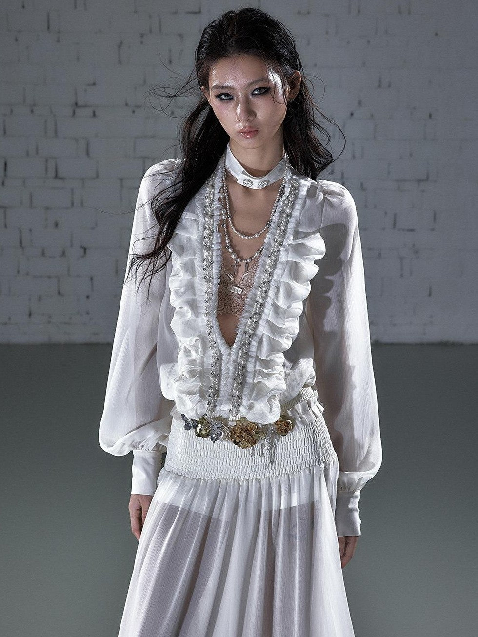 NO ROMANCE Regal Pleated V-neck A Line Women&