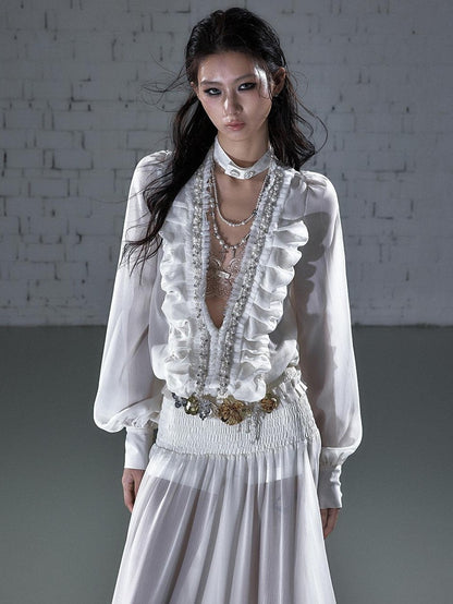 NO ROMANCE Regal Pleated V-neck A Line Women&