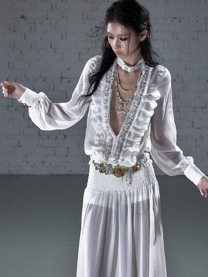 NO ROMANCE Regal Pleated V-neck A Line Women&