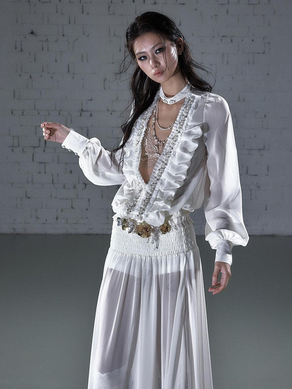 NO ROMANCE Regal Pleated V-neck A Line Women&