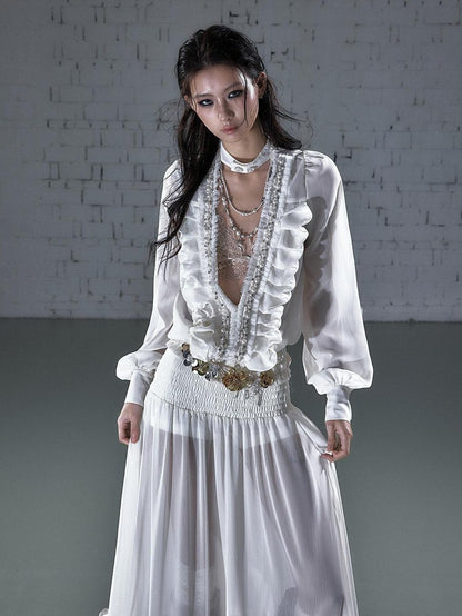 NO ROMANCE Regal Pleated V-neck A Line Women&