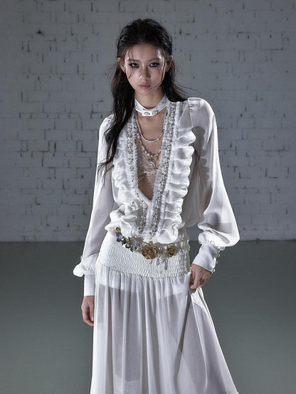 NO ROMANCE Regal Pleated V-neck A Line Women&