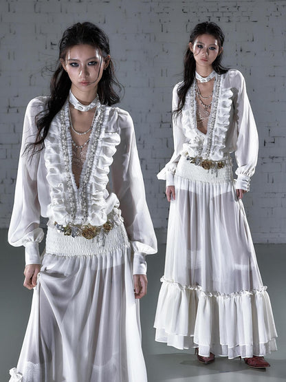 NO ROMANCE Regal Pleated V-neck A Line Women&
