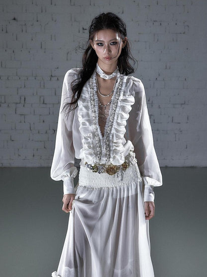 NO ROMANCE Regal Pleated V-neck A Line Women&