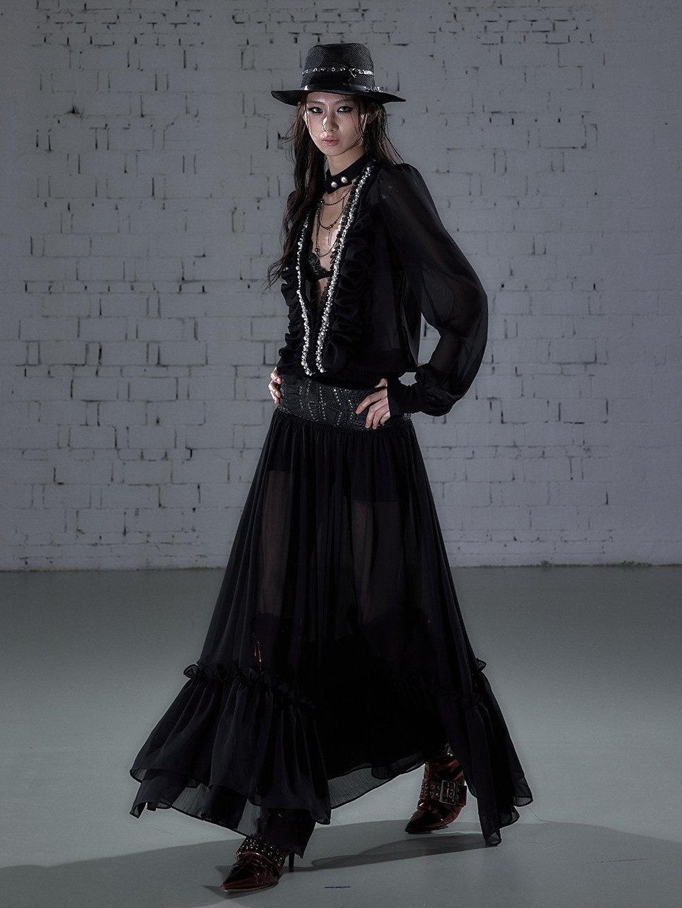 NO ROMANCE Regal Pleated V-neck A Line Women&