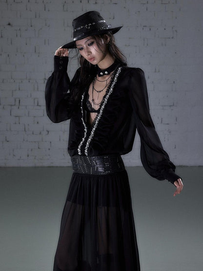 NO ROMANCE Regal Pleated V-neck A Line Women&