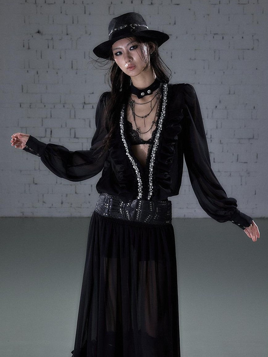 NO ROMANCE Regal Pleated V-neck A Line Women&