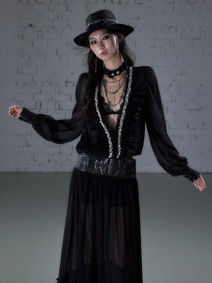 NO ROMANCE Regal Pleated V-neck A Line Women&