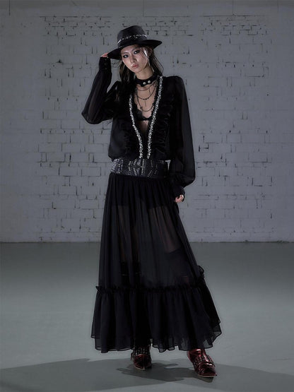 NO ROMANCE Regal Pleated V-neck A Line Women&