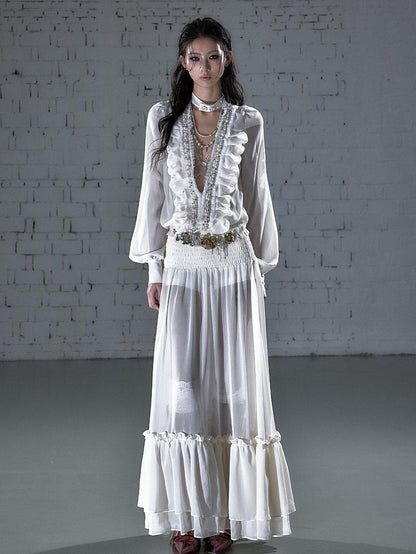 NO ROMANCE Regal Pleated V-neck A Line Women&