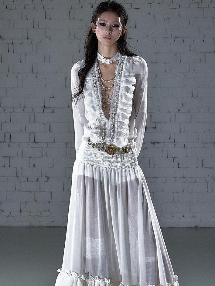 NO ROMANCE Regal Pleated V-neck A Line Women&