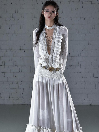 NO ROMANCE Regal Pleated V-neck A Line Women&