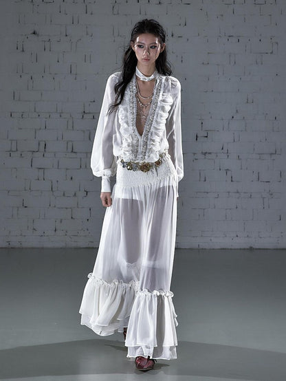 NO ROMANCE Regal Pleated V-neck A Line Women&