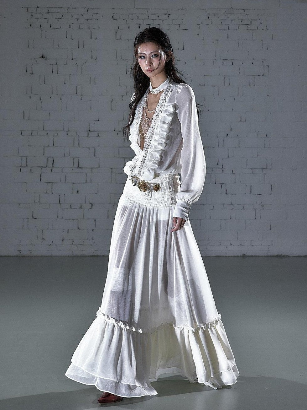 NO ROMANCE Regal Pleated V-neck A Line Women&
