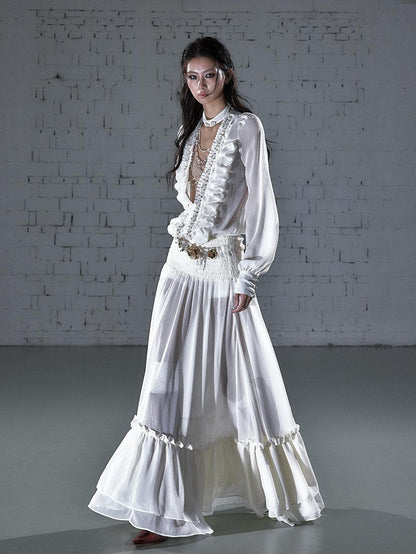 NO ROMANCE Regal Pleated V-neck A Line Women&