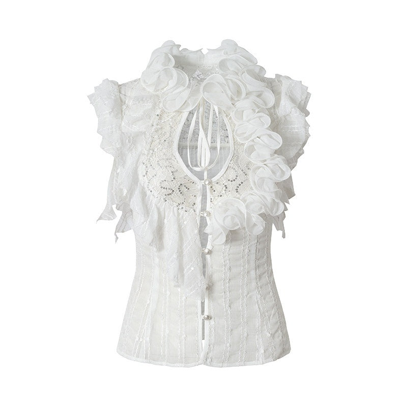 NO_ROMANCE_Regal_Ruffled_Sequin_Spliced_Tie_Neck_Cinched_Waist_Women&