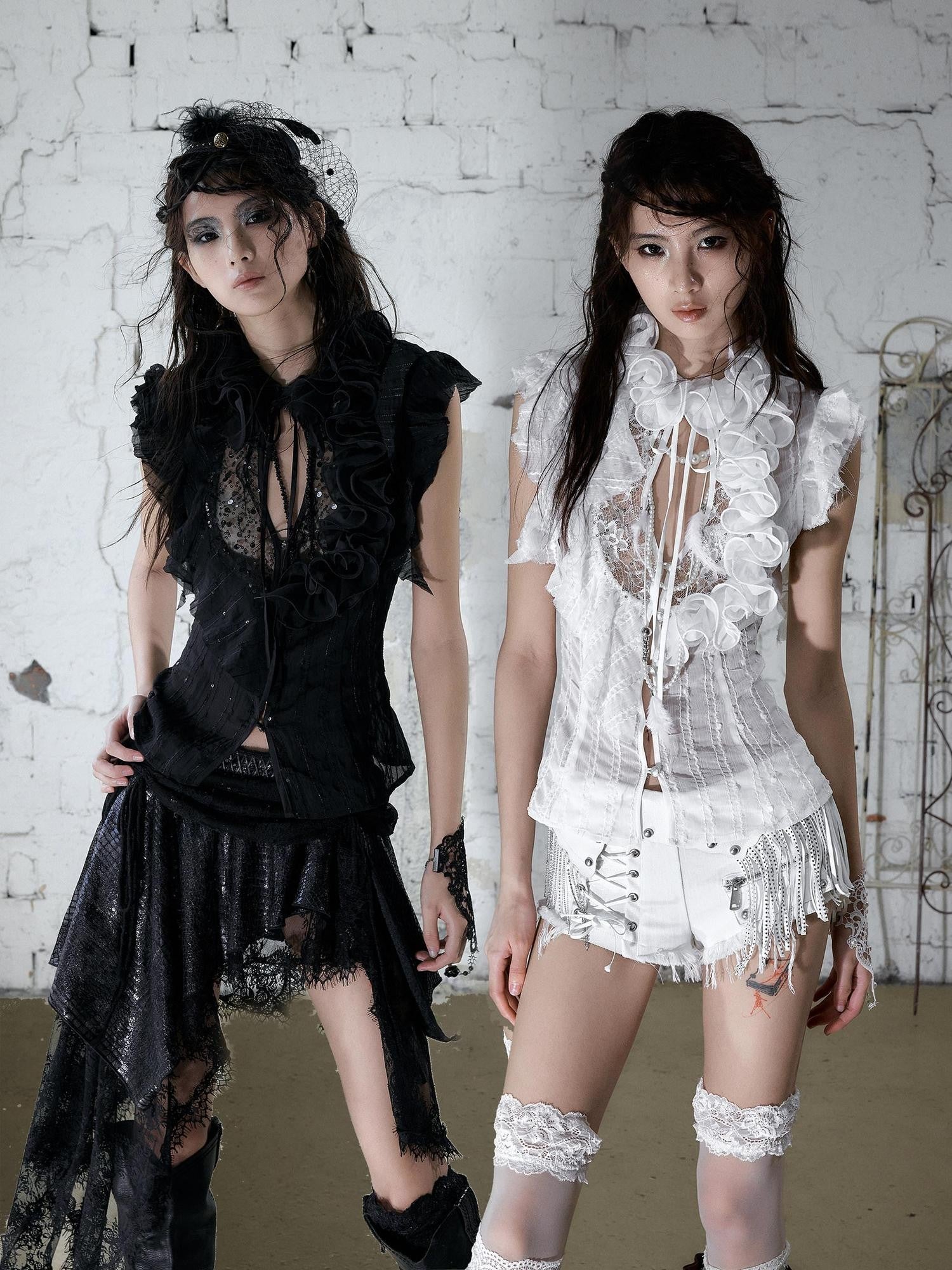 NO ROMANCE Regal Ruffled Sequin Spliced Tie Neck Cinched Waist Women&