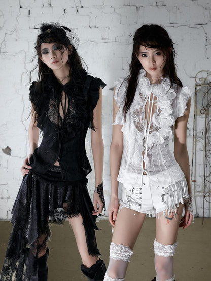 NO ROMANCE Regal Ruffled Sequin Spliced Tie Neck Cinched Waist Women&