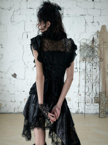 NO ROMANCE Regal Ruffled Sequin Spliced Tie Neck Cinched Waist Women&