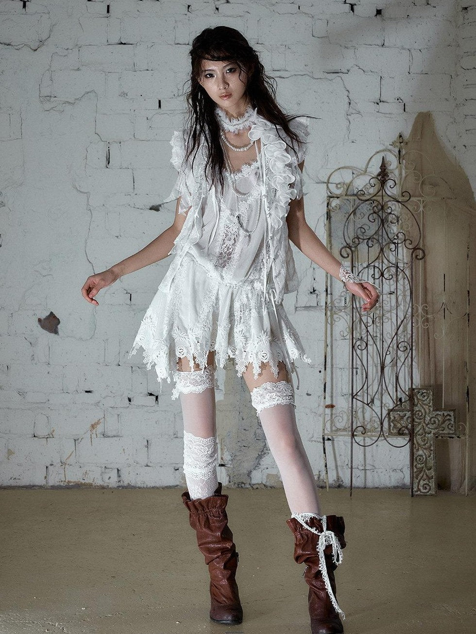 NO ROMANCE Regal Ruffled Sequin Spliced Tie Neck Cinched Waist Women&